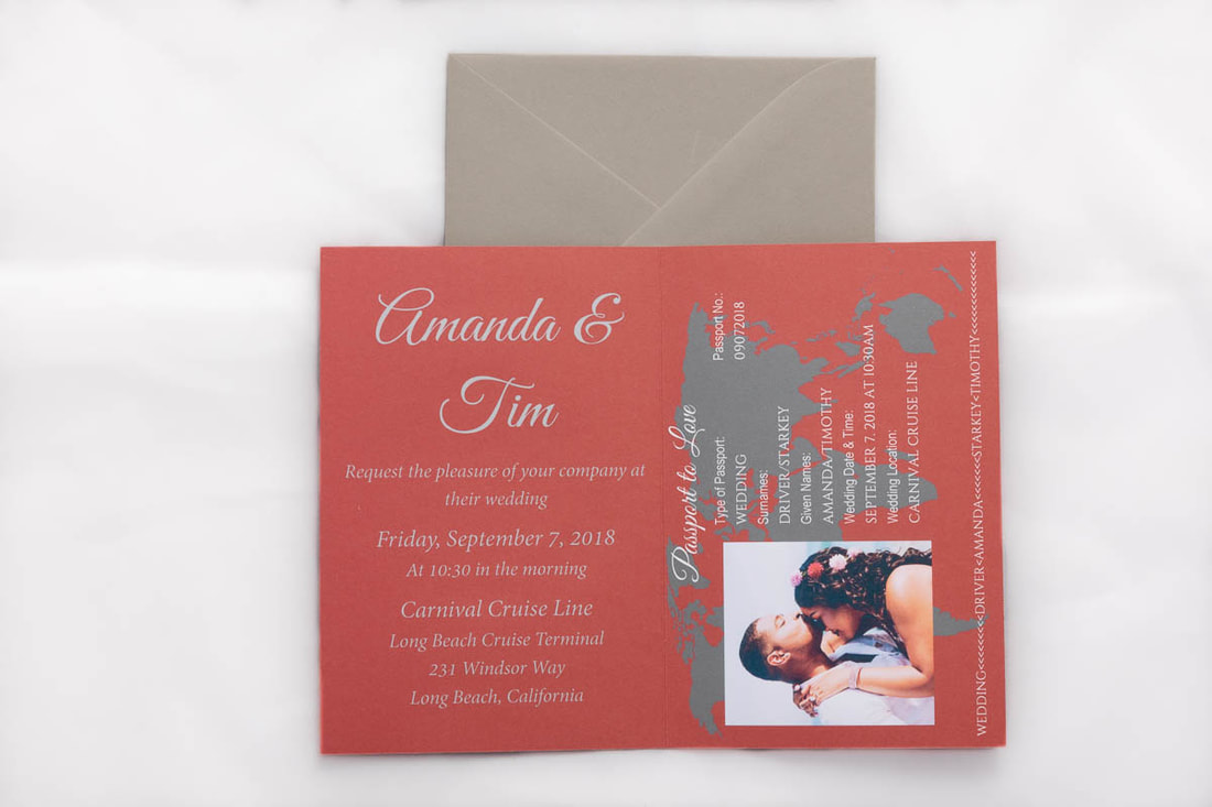 Passport wedding invitation with maroon background and gray text and a gray envelope