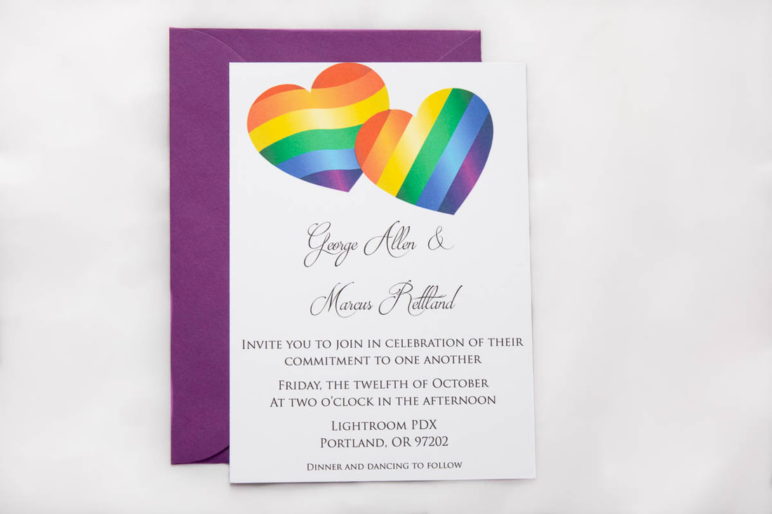 LGBTQIA wedding invitation with rainbow hearts and a purple envelope