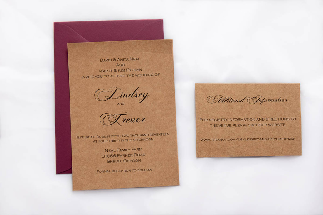 Simple wedding invitation printed on kraft card stock with matching insert card and maroon envelope.