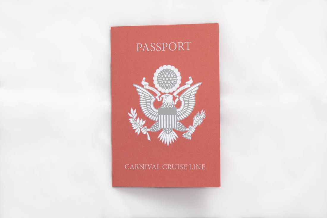 Front of a passport wedding invitation with a crest of the United States and says 