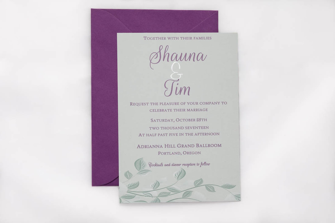 Sage background wedding invitation with purple text and purple envelope