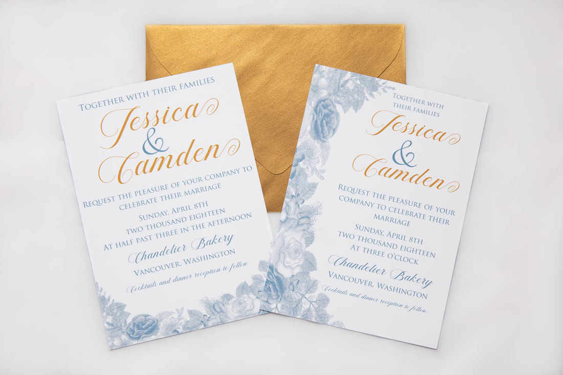 Blue flower and gold text wedding invitation with gold envelope.  One with flowers on bottom and one with flowers on the left.