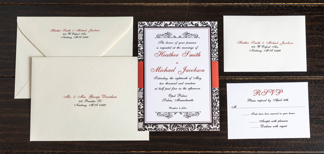 Black and cream damask wedding invitation with RSVP and addressed envelope along with a guest addressed envelope with return addressing on the back flap.