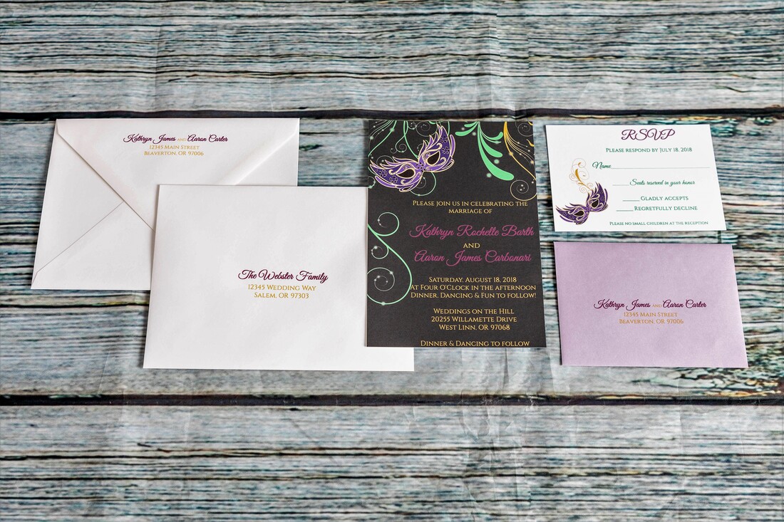 Mardi Gras theme wedding invitation with RSVP card, lavender purple RSVP envelope with address, guest address and return address on guest envelope.